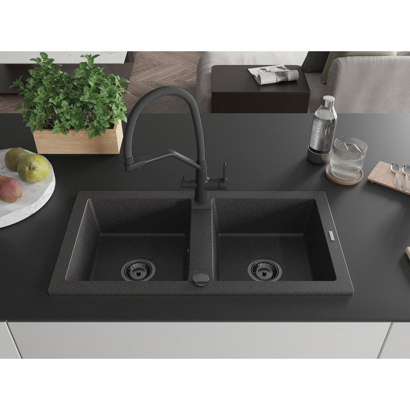 Mexen Mario Granite 2-Bowl Kitchen Sink with Duo Tap, Black Speckled - 6504-76-671701-70-B