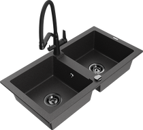 Mexen Mario granite double-bowl kitchen sink with Duo faucet, black speckled - 6504-76-671701-70-B