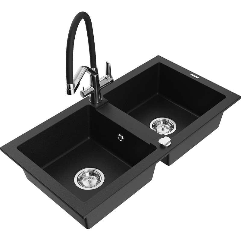 Mexen Mario granite double-bowl sink with kitchen faucet Duo, black - 6504-77-671701-07