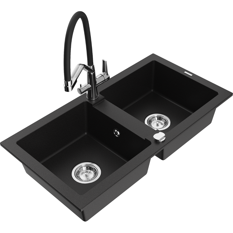 Mexen Mario granite kitchen sink 2-bowl with kitchen tap Duo, black - 6504-77-671701-07