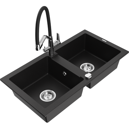 Mexen Mario granite kitchen sink 2-bowl with kitchen tap Duo, black - 6504-77-671701-07