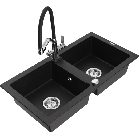 Mexen Mario granite kitchen sink with 2 compartments and kitchen faucet Duo, black - 6504-77-671701-07