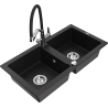 Mexen Mario granite kitchen sink 2-bowl with kitchen tap Duo, black - 6504-77-671701-07