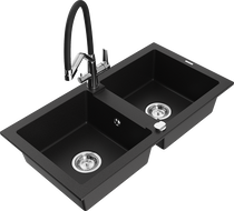 Mexen Mario granite double-bowl sink with kitchen faucet Duo, black - 6504-77-671701-07