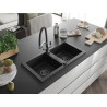 Mexen Mario 2-bowl granite kitchen sink with Duo faucet, black - 6504-77-671701-07-B