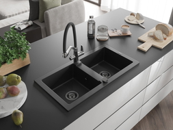Mexen Mario granite double-bowl sink with Duo kitchen faucet, black - 6504-77-671701-07-B