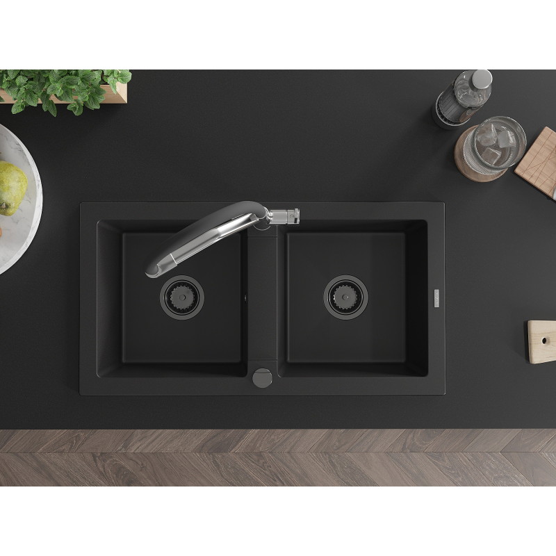Mexen Mario granite double-bowl sink with Duo kitchen faucet, black - 6504-77-671701-07-B