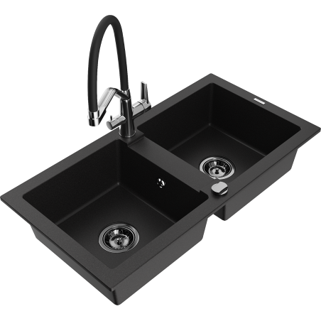Mexen Mario 2-bowl granite kitchen sink with Duo faucet, black - 6504-77-671701-07-B