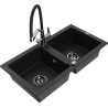 Mexen Mario granite double-bowl sink with Duo kitchen faucet, black - 6504-77-671701-07-B
