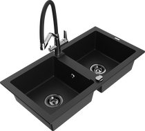 Mexen Mario granite double-bowl sink with Duo kitchen faucet, black - 6504-77-671701-07-B