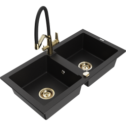 Mexen Mario 2-compartment granite sink with a kitchen mixer tap Duo, Black - 6504-77-671701-57-G