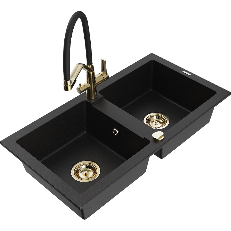 Mexen Mario granite double-bowl kitchen sink with Duo faucet, black - 6504-77-671701-57-G