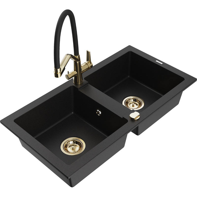 Mexen Mario granite sink 2-bowl with Duo kitchen tap, black - 6504-77-671701-57-G