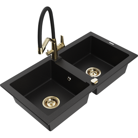 Mexen Mario granite sink 2-bowl with Duo kitchen tap, black - 6504-77-671701-57-G