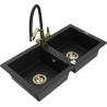 Mexen Mario granite sink 2-bowl with Duo kitchen tap, black - 6504-77-671701-57-G