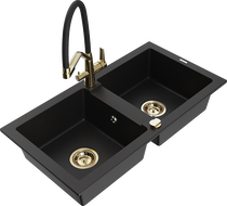 Mexen Mario granite double-bowl kitchen sink with Duo faucet, black - 6504-77-671701-57-G
