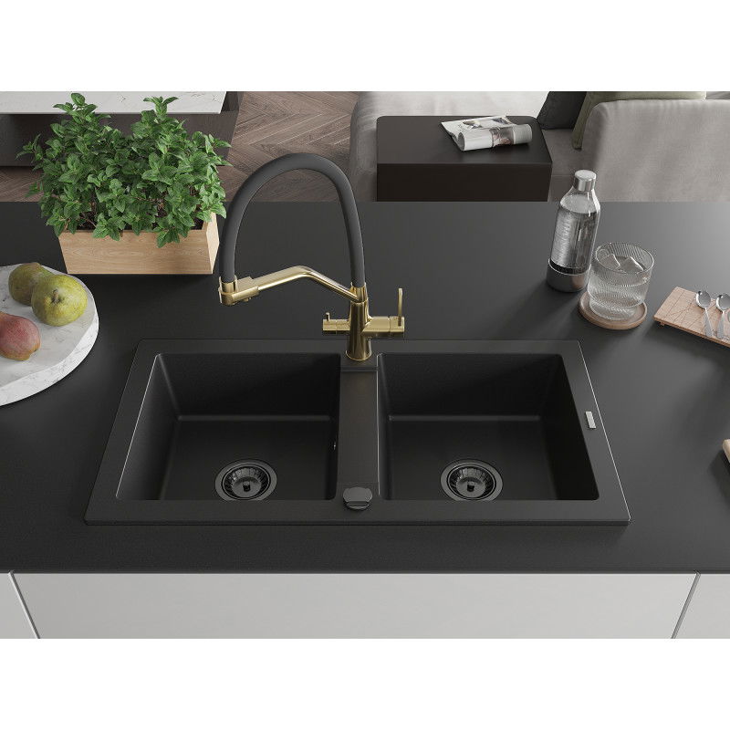 Mexen Mario granite 2-bowl sink with Duo kitchen tap, black - 6504-77-671701-57-B