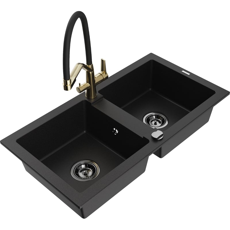 Mexen Mario 2-Bowl Granite Sink with Duo Kitchen Faucet, Black - 6504-77-671701-57-B