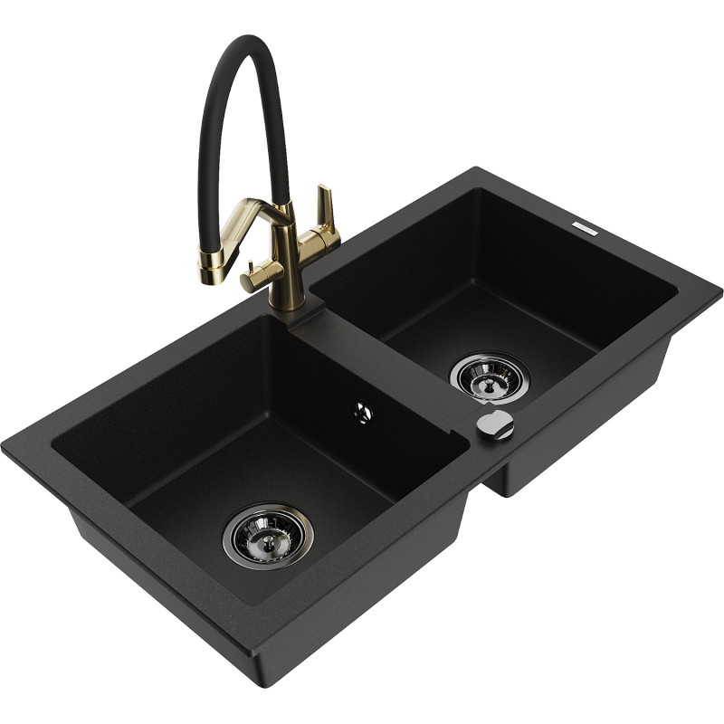 Mexen Mario granite 2-bowl kitchen sink with Duo faucet, black - 6504-77-671701-57-B