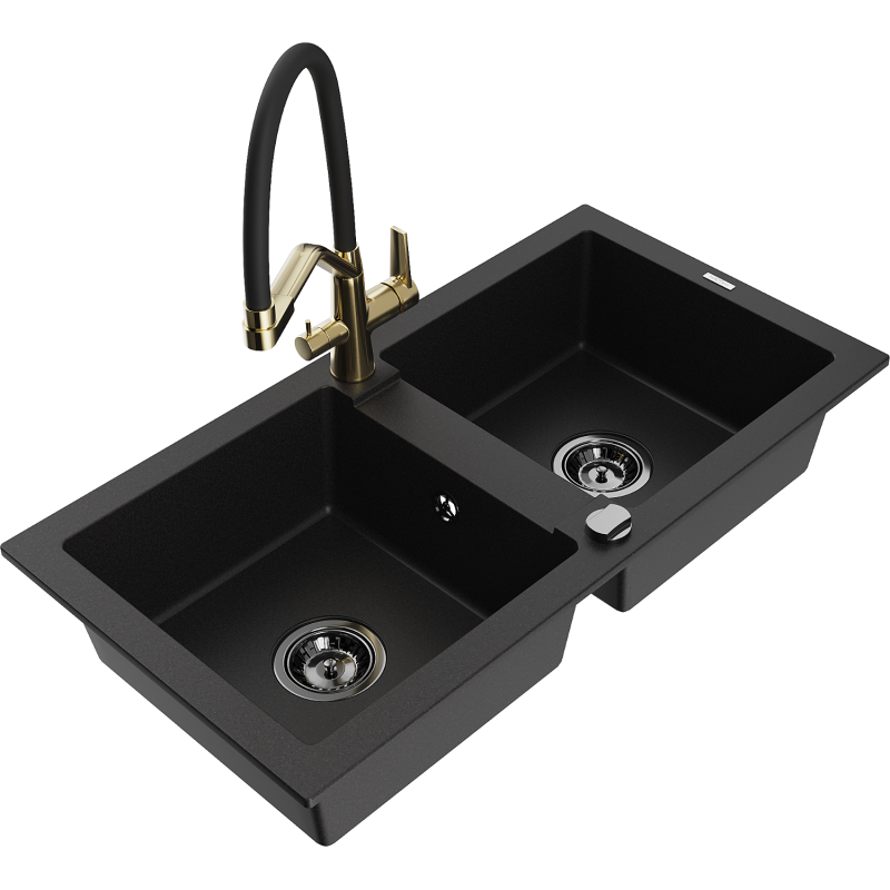 Mexen Mario granite 2-bowl sink with Duo kitchen tap, black - 6504-77-671701-57-B