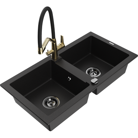 Mexen Mario 2-Bowl Granite Sink with Duo Kitchen Faucet, Black - 6504-77-671701-57-B