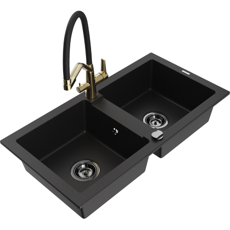 Mexen Mario 2-compartment granite sink with a kitchen mixer tap Duo, Black - 6504-77-671701-57-B