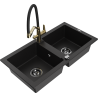 Mexen Mario granite 2-bowl kitchen sink with Duo faucet, black - 6504-77-671701-57-B