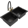 Mexen Mario granite 2-bowl sink with Duo kitchen tap, black - 6504-77-671701-57-B