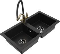 Mexen Mario granite 2-bowl sink with Duo kitchen tap, black - 6504-77-671701-57-B