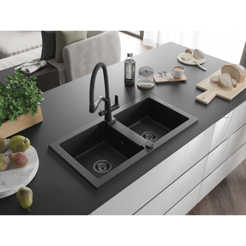 Mexen Mario 2-bowl granite kitchen sink with Duo faucet, black - 6504-77-671701-70-B