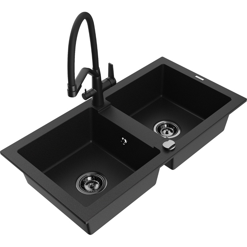 Mexen Mario 2-bowl granite kitchen sink with Duo faucet, black - 6504-77-671701-70-B