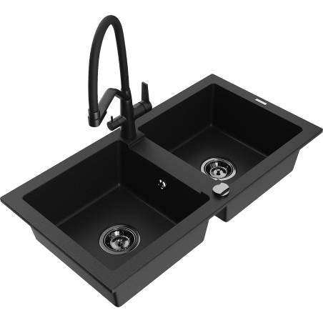 Mexen Mario 2-bowl granite kitchen sink with Duo faucet, black - 6504-77-671701-70-B
