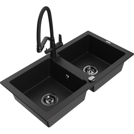 Mexen Mario granite double-bowl sink with kitchen faucet Duo, black - 6504-77-671701-70-B