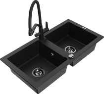 Mexen Mario granite sink 2-chamber with Duo kitchen tap, black - 6504-77-671701-70-B