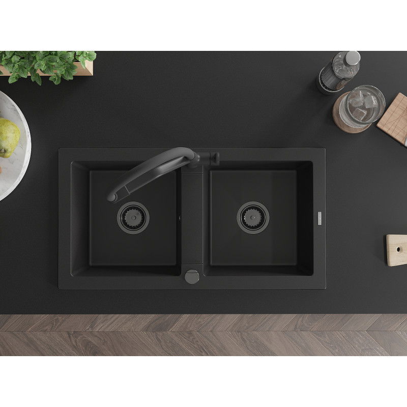 Mexen Mario granite sink 2-chamber with Duo kitchen tap, black - 6504-77-671701-70-B