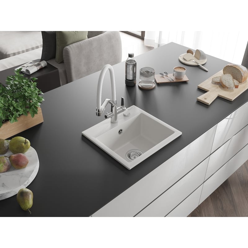 Mexen Milo 1-bowl granite sink with Duo kitchen faucet, white - 6505-20-671701-02