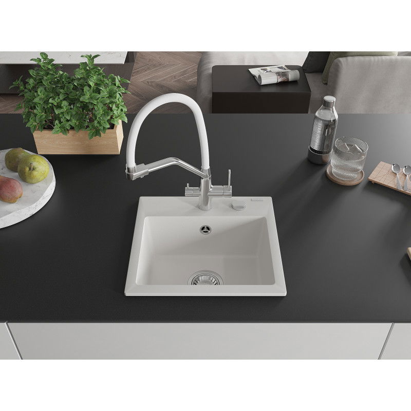 Mexen Milo granite sink 1-bowl with Duo kitchen tap, white - 6505-20-671701-02