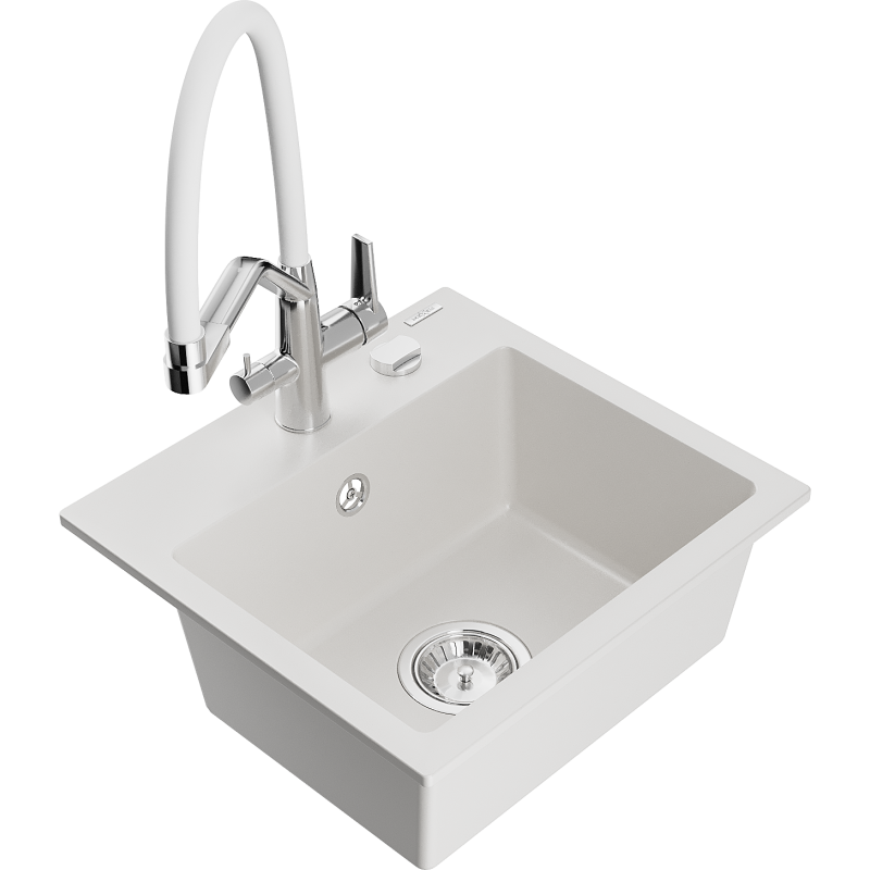 Mexen Milo 1-compartment granite sink with a kitchen mixer tap Duo, white - 6505-20-671701-02