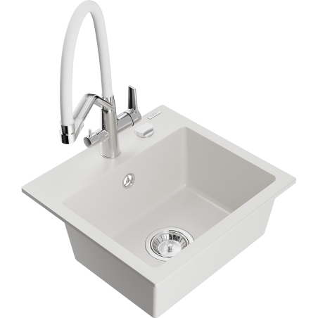 Mexen Milo 1-compartment granite sink with a kitchen mixer tap Duo, white - 6505-20-671701-02