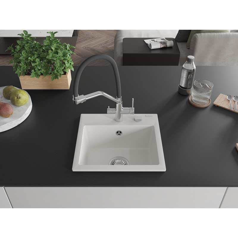 Mexen Milo 1-bowl granite sink with Duo kitchen faucet, white - 6505-20-671701-07