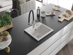 Mexen Milo single-bowl granite sink with Duo kitchen faucet, white - 6505-20-671701-07