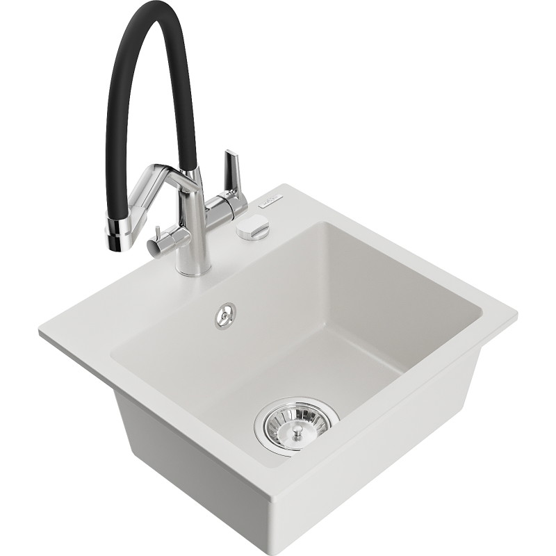 Mexen Milo 1-bowl granite sink with Duo kitchen faucet, white - 6505-20-671701-07