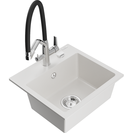 Mexen Milo 1-bowl granite sink with Duo kitchen faucet, white - 6505-20-671701-07
