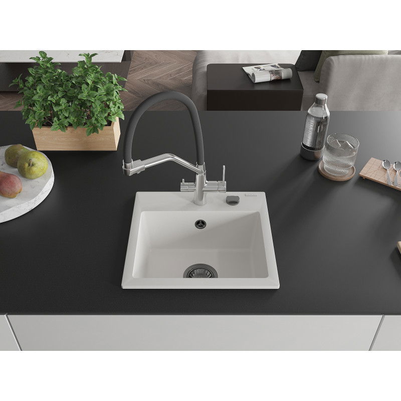 Mexen Milo 1-bowl granite kitchen sink with Duo tap, white - 6505-20-671701-07-B