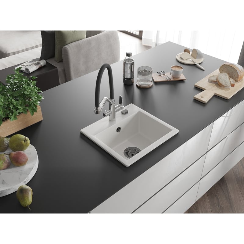 Mexen Milo 1-bowl granite sink with Duo kitchen faucet, white - 6505-20-671701-07-B