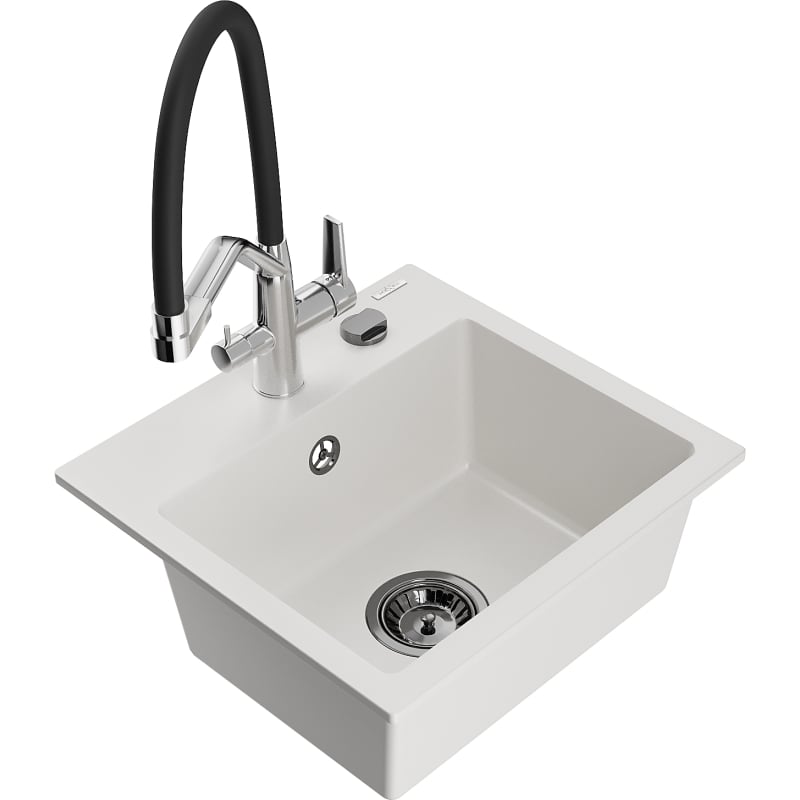 Mexen Milo 1-bowl granite sink with Duo kitchen faucet, white - 6505-20-671701-07-B