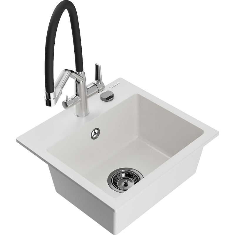 Mexen Milo 1-compartment granite sink with a kitchen mixer tap Duo, white - 6505-20-671701-07-B