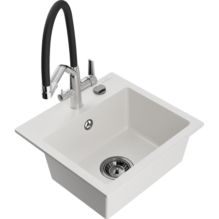 Mexen Milo 1-compartment granite sink with a kitchen mixer tap Duo, white - 6505-20-671701-07-B