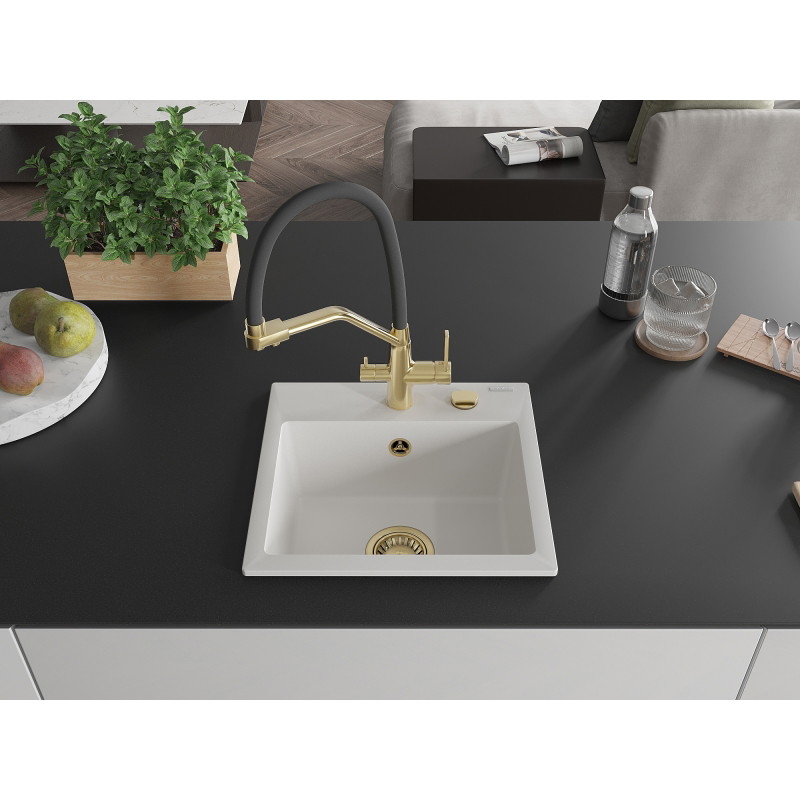 Mexen Milo 1-bowl granite sink with Duo kitchen faucet, white - 6505-20-671701-57-G