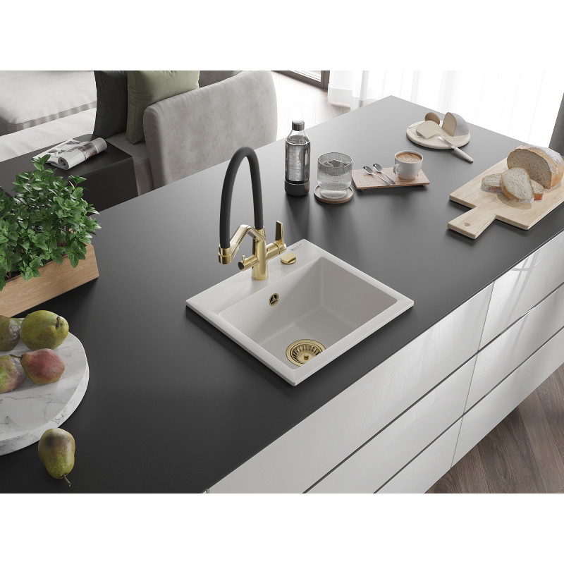 Mexen Milo 1-bowl granite sink with Duo kitchen faucet, white - 6505-20-671701-57-G